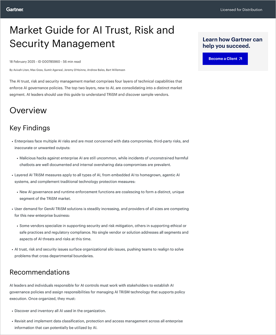 Guía de mercado de Gartner para la gestión de la confianza, el riesgo y la seguridad de la IA.