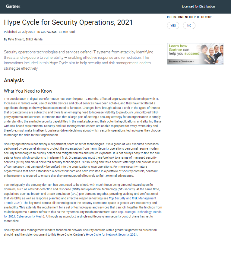 Hype Cycle de Gartner para las operaciones de seguridad