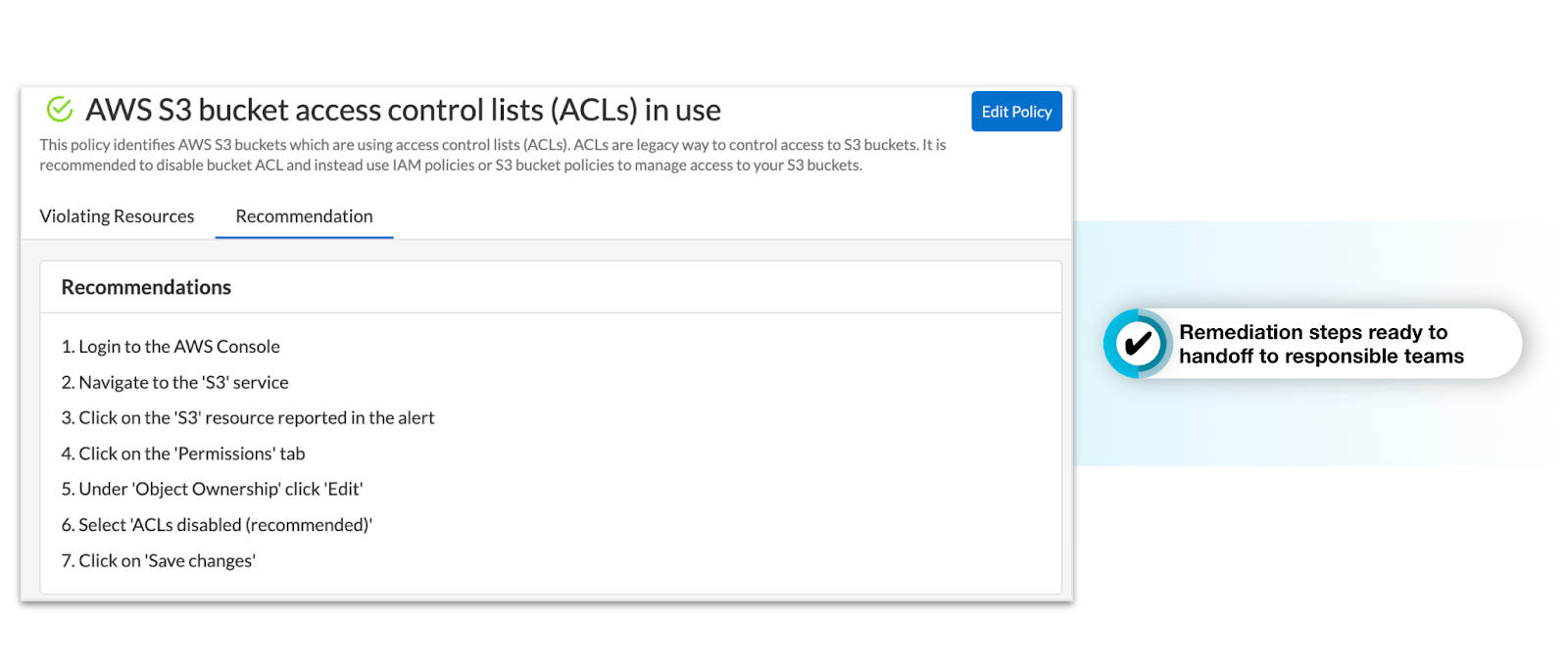 Example of remediation steps for a misconfiguration