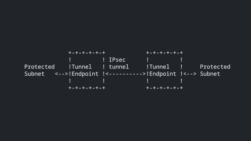 Arte ASCII de un túnel IPsec con dos endpoints que conectan subredes protegidas.