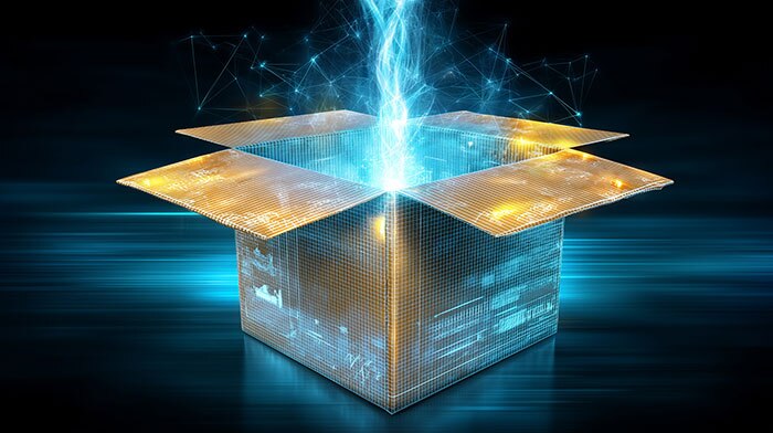 Caja de regalo que se abre con haces de luz brillantes que iluminan el contenido del paquete; con IA generativa